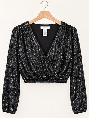H&M Black Sequin Wrap Front Cropped Top Blouse L Evening NYE